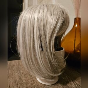 Angled Cut Silver Mist Long Layered Fringe Bang Heat Friendly Hairdo Wig
